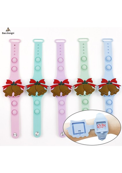 Turuncu Kırmızı Sevimli, Moda Sevimli Noel Şekli Silikon Karikatür Çocuk Izle 3D Kabarcık Kayış Itme Bilek Izle LED Dijital Kapak Çevirin Oyuncaklar Hediye Izle (Yurt Dışından)