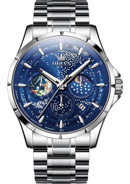 Çelik-Gümüş Mavi Kuvars Izle Oem Özel Logo Ay Lüks Faz Lüks Moda Çok Fonksiyonlu Reloj Su Geçirmez Kronograf Izle Erkekler Için Kuvars Saatler (Yurt Dışından)