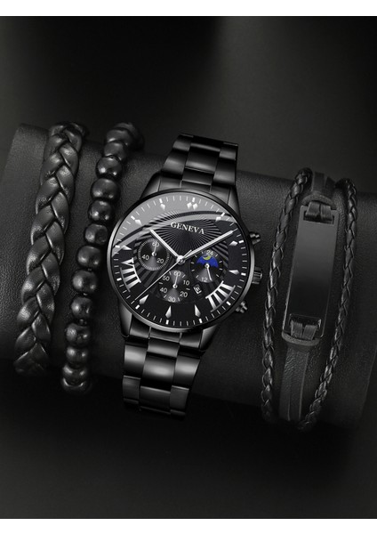 Siyah Lüks YUSA414 4 Adet Set Paslanmaz Çelik Analog Kol Saati Erkekler ve Bilezik Montre Homme Siyah Kuvars Izle Bilezik (Yurt Dışından)