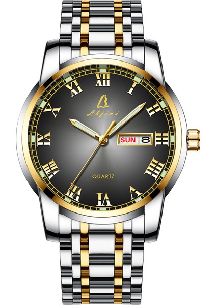 2 Ton Altın + Gri Kadran Kuvars Izle Çift Takvimli Günlük Erkek Kuvars Saatleri Paslanmaz Çelik Bant Kol Saati Kolay Kırmızı Kadran Işıltılı Işaretçiler Kuvars Saat (Yurt Dışından)