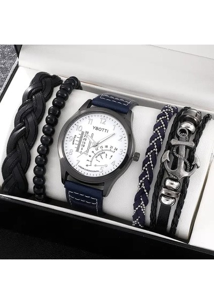 Kutu Lüks YUSA437 Erkekler Trendy Vintage Yuvarlak Işaretçi Kuvars Izle 4 Adet Bilezik ile Erkekler Için Doğum Günü Hediyesi (Yurt Dışından) modelleri