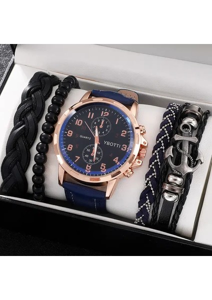 Kutu Lüks YUSA437 Erkekler Trendy Vintage Yuvarlak Işaretçi Kuvars Izle 4 Adet Bilezik ile Erkekler Için Doğum Günü Hediyesi (Yurt Dışından) fırsatları