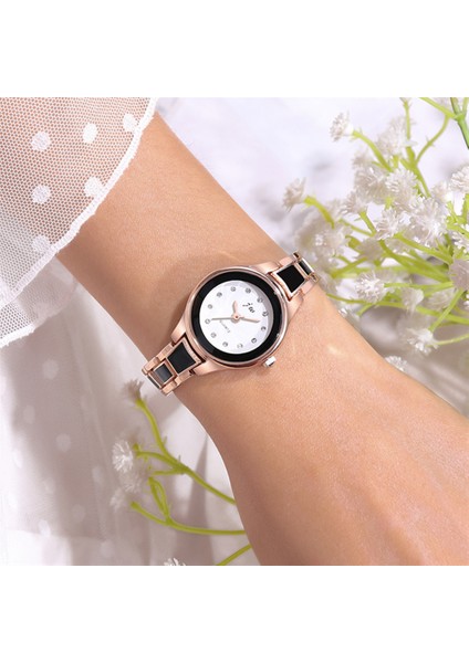 Rosegold Siyah Moda Moda Izle Kadınlar Için Bilezik Elbise Bayanlar Kol Saati Lüks Gül Altın Kuvars Izle Set Saat (Yurt Dışından)