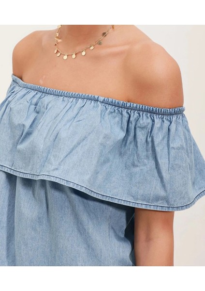 Kadın Açık Mavi Kolsuz Omzu Açık Carmen Yaka Jean Elbise HZL24S-BD114811 modelleri