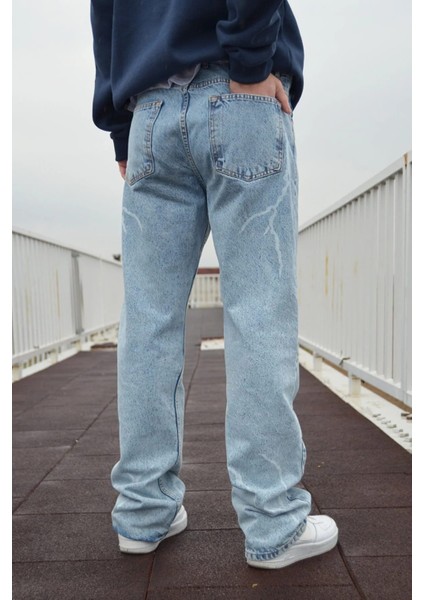 Buz Mavi Şimşek Desenli Baggy Pantolon