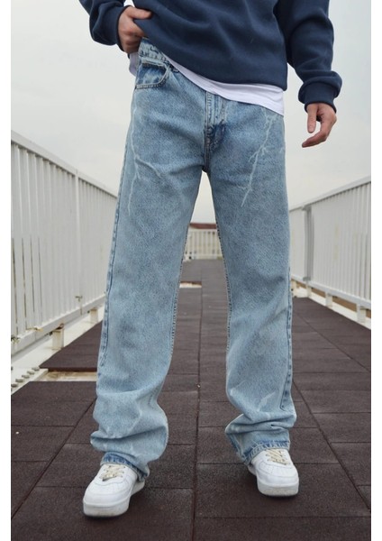 Buz Mavi Şimşek Desenli Baggy Pantolon
