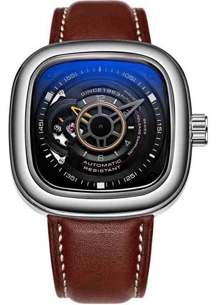 Beyaz Kasa + Siyah Kadran + Kırmızı Kayış Moda Zaman Jetonu Erkek Lüks Mekanik Otomatik Saat Işık Charm Deri Kayış Kare Kadran Işaretçisi Ekranı Su Geçirmez 3 Bar (Yurt Dışından)