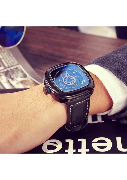 Beyaz Kasa + Siyah Kadran + Kırmızı Kayış Moda Zaman Jetonu Erkek Lüks Mekanik Otomatik Saat Işık Charm Deri Kayış Kare Kadran Işaretçisi Ekranı Su Geçirmez 3 Bar (Yurt Dışından)
