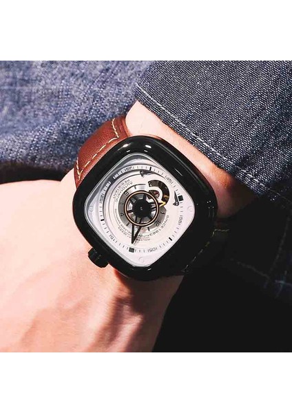 Beyaz Kasa + Siyah Kadran + Kırmızı Kayış Moda Zaman Jetonu Erkek Lüks Mekanik Otomatik Saat Işık Charm Deri Kayış Kare Kadran Işaretçisi Ekranı Su Geçirmez 3 Bar (Yurt Dışından)