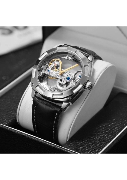 Erkek-L-Gümüş Siyah Resim Olarak Forsining GMT1165 Yeni Model Adam Otomatik Saat Mekanik Üst Paslanmaz Bant T-Kazanan Erkek Saat Kol Saatleri Relojes Hombre (Yurt Dışından)