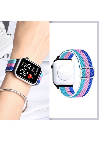 Stil 7 Dijital Saatler Yeni Renkli LED Küçük Kare Naylon Kayış Reloj Elastik Bant Spor Saat Çok Fonksiyonlu Su Geçirmez Elektronik Dijital Saat (Yurt Dışından)