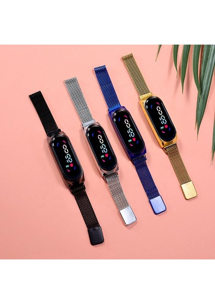 Mavi Moda Mi 7 Suya Dayanıklı Elektronik Bilezikler Bayan Paslanmaz Çelik Zincir Manyetik Bant LED Dijital Saat (Yurt Dışından)