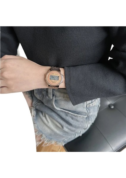 Gül Altın Vintage 2023 Çelik Bant LED Elektronik Saat Ultra Ince Altın ve Gümüş Soğuk Işık Izle F91W Moda Çok Fonksiyonlu Dijital Saat (Yurt Dışından)