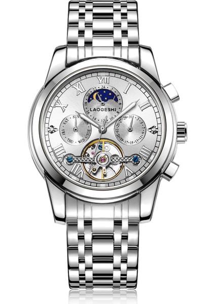 Beyaz Yeni Tasarım Laogeshi 6009 Iş Lüks Ay Saatler Otomatik Mekanik Tourbillon Erkek Bilek Saatleri Su Geçirmez (Yurt Dışından)