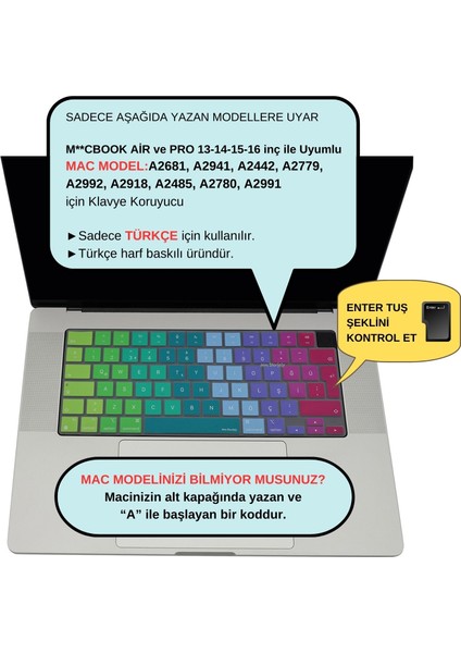 Macbook Air Pro Klavye Kılıfı Türkçe Q Baskı M1-M2-M3 A2681 A2941 A2442 A2779 A2485 A2780 A2992 A2991 A2918 Dazzle