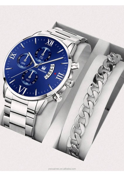 3 (Hediye Kutusu Mevcuttur) Lüks Yusa 327 Hazır Stok Roma Yüz Kuvars Saat Erkekler Için Tarih Altın 2 Adet Paslanmaz Çelik Lüks Saatler Erkekler ve Bilezik (Yurt Dışından)