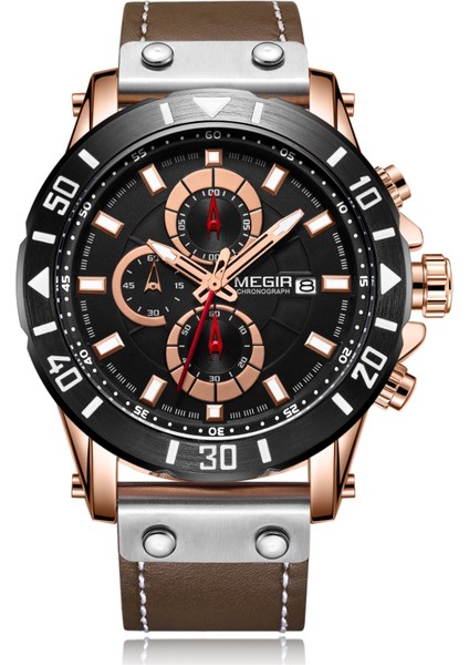 Kahverengi Fotoğraf Olarak Relojes Hombre Megir 2081 Orijinal Marka Deri Kronograf Saat Su Geçirmez Lüks Erkek Bilek Kuvars Saatler (Yurt Dışından)