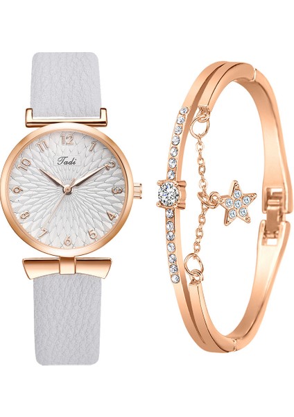 Wathet Mavi Saatler + Bilezik Moda Lüks Bling Beş Köşeli Yıldız Izle Bilezik Seti Kadın Bel Kemeri Kristal Kuvars Saatler (Yurt Dışından)