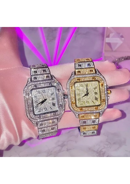 4.iki Ton-Altın ve Gümüş 2022 Moda Takı Hip Hop Elmas Saatler Bling Buzlu Out Mens Womens Kuvars Saatler Lüks Pembe Kadran Izle Kadın Erkek (Yurt Dışından) indirimleri