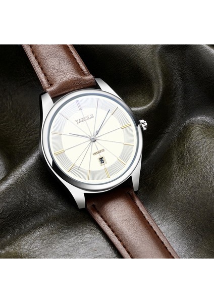 Stil 4 Moda Yazole 585 Lüks Kahverengi Erkek Kuvars Izle Genius Deri Kayış Yeni Suya Dayanıklı Takvim Basit Iş Bilek Izle (Yurt Dışından)