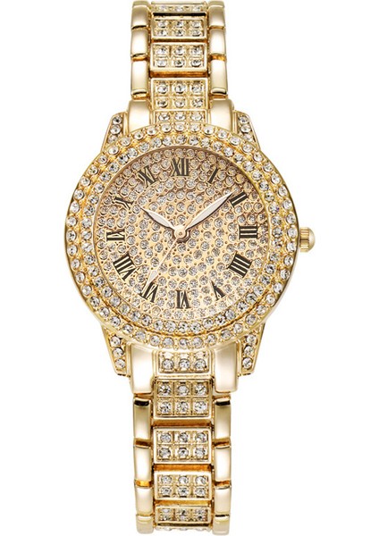 Altın Saat Bileklik Bileklik 19CM 2023 Hip Hop Lüks Bling Buzlu Küba Zincir Bileklik Saat Bilek 18K Altın Kaplama Pırlanta Kuvars Saat ve Bilezik Seti Kadın (Yurt Dışından) indirimleri