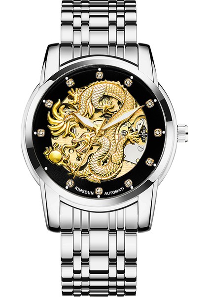 Stil 9 Kimsdun 1977A Lüks Çin Erkekler Mekanik Saat Şık Paslanmaz Çelik Bant Ejderha Analog Ekran Karakter Gündelik Saat (Yurt Dışından)