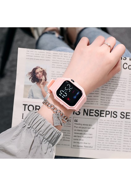 Pembe Spor Dijital Saat Kol Saati Horloge Basit LED Dijital Saatler Dijital Orijinal Büyük Yüz Su Geçirmez Kadın Erkek Plastik (Yurt Dışından)