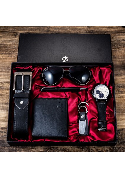 Stil 5 Erkek Izle Güneş Gözlüğü Seti Saatler Japonya Hareketi Kuvars Saatler Cüzdan Kemer Hediye Kutusu ile 6 Adet/takım (Yurt Dışından)