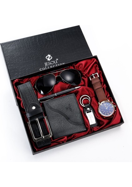 Stil 5 Erkek Izle Güneş Gözlüğü Seti Saatler Japonya Hareketi Kuvars Saatler Cüzdan Kemer Hediye Kutusu ile 6 Adet/takım (Yurt Dışından) modelleri