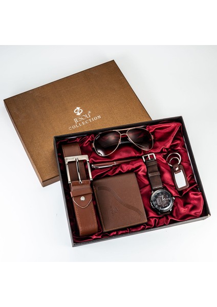 Stil 5 Erkek Izle Güneş Gözlüğü Seti Saatler Japonya Hareketi Kuvars Saatler Cüzdan Kemer Hediye Kutusu ile 6 Adet/takım (Yurt Dışından) fırsatları