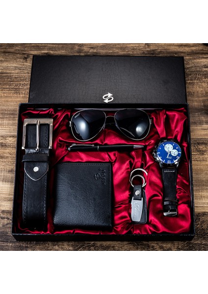 Stil 5 Erkek Izle Güneş Gözlüğü Seti Saatler Japonya Hareketi Kuvars Saatler Cüzdan Kemer Hediye Kutusu ile 6 Adet/takım (Yurt Dışından) indirimleri