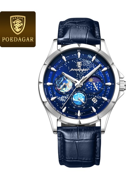 BDJ02000002 Resim Olarak Poedagar 916 Erkek Saatler Moda Iş Yıldızlı Gökyüzü Kadran Kuvars Saatler Erkekler Için Lüks Deri Su Geçirmez Aydınlık Saat (Yurt Dışından)