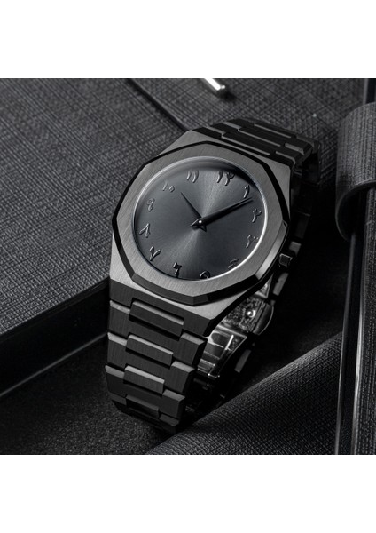 Altın/altın Özel Logo Özel Arapça Kadran Rahat Ultra Ince Siyah Moda Bilek Paslanmaz Çelik Lüks Erkek Kuvars Izle (Yurt Dışından)