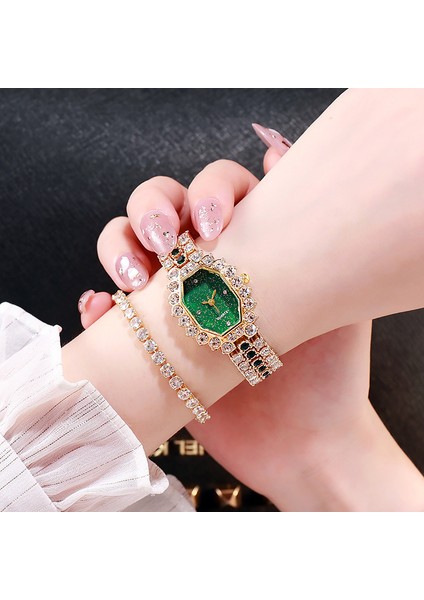 Hiçbir Bilezik Altın Yeşil Moda Lüks Izle Kadın Kuvars Saatler Gümüş Paslanmaz Çelik Taklidi Moda Rahat Kadın Saatleri Bayanlar Bilezik Saat (Yurt Dışından)