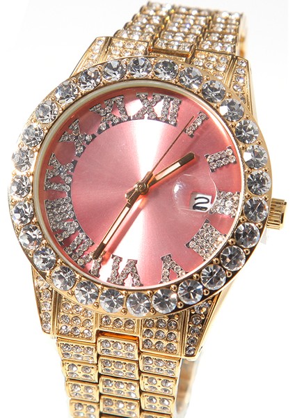 Gümüş Açık Mavi Buzlu Out Rhinestones Pembe Mor Günlük Su Geçirmez Yuvarlak Kadran Roma Numarası Açık Mavi Yüz Kuvars Saat (Yurt Dışından)