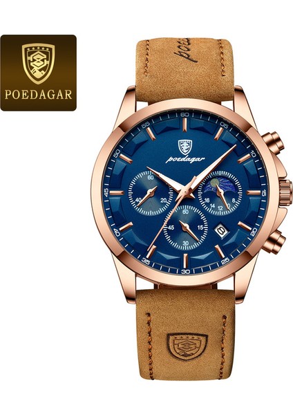 928 Rg Bu L Renk Poedagar Lüks Erkek Bilek Izle Spor Deri Erkek Kuvars Izle Su Geçirmez Aydınlık Takvim Kronograf Saatler Erkekler Için (Yurt Dışından)