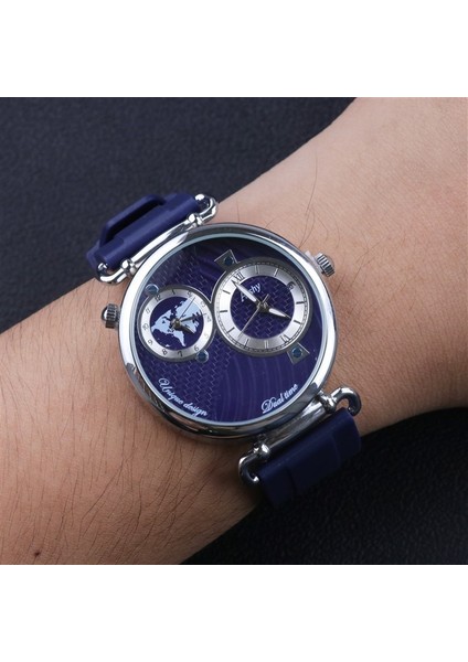 All-Blue Özel Logo Erkekler Kuvars Izle Silikon Bantlı Iş En Lüks Marka Aishy Boy Kol Saati Kauçuk Kayışlı Ikili Zaman Dilimi (Yurt Dışından)