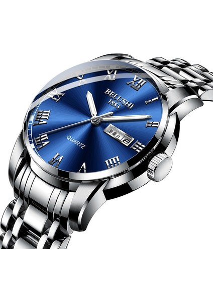 Mavi Kadran Gümüş Bant Klasik Yuvarlak Avrupa ve Amerika Sıcak Satış Safir Mekanik Tam Otomatik Su Geçirmez Çift Takvim Erkekler Için Sevilen Kuvars Saatler (Yurt Dışından)