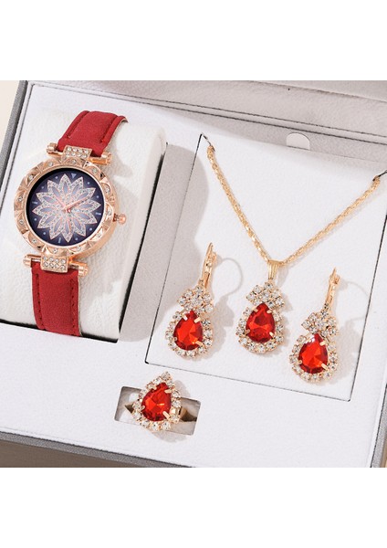 Gri Moda Popüler Lüks Kadın Deri Kemer Saat ve Takı Seti Alaşım Kolye Bilezik Gözyaşı Tasarımlı Su Geçirmez Kuvars Hareketi (Yurt Dışından)