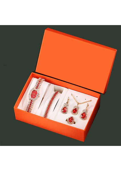 Kırmızı ve Altın Kuvars Saat + Bilezik + Kolye + Küpe Lüks Moda Tam Elmas Çelik Kemer Kuvars Saat + Bilezik + Kolye + Eardrop Hediye Seti 2024 Kadın Yeni Yıl Hediyesi (Yurt Dışından)