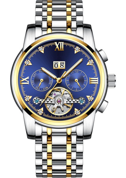 Mavi Altın Mekanik Saat Yeni Tourbillon Erkek Mekanik Saat Takvimli Tam Otomatik Su Geçirmez Çok Fonksiyonlu Mekanik Saat (Yurt Dışından)