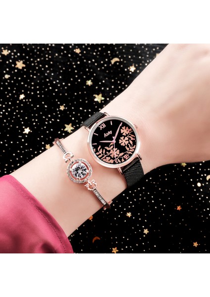 Gül Altın Saat + Bilezik Seti Aishy Marka Kadın Saatler Moda Bayan Kuvars Izle Kız Bilezik Kutusu Seti Basit Gül Altın Örgü Lüks Kadın Saatler (Yurt Dışından)