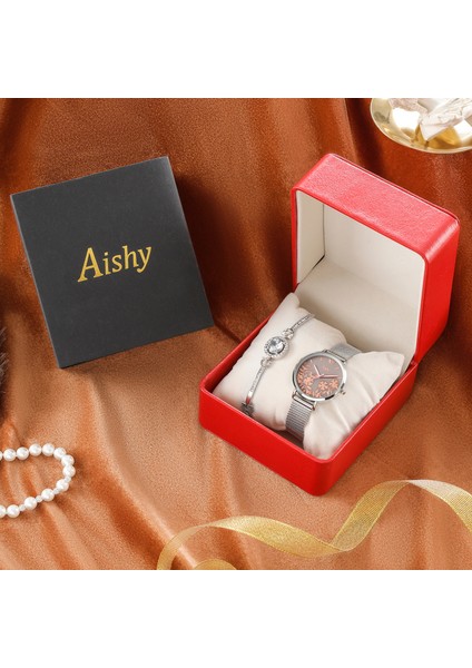 Gül Altın Saat + Bilezik Seti Aishy Marka Kadın Saatler Moda Bayan Kuvars Izle Kız Bilezik Kutusu Seti Basit Gül Altın Örgü Lüks Kadın Saatler (Yurt Dışından)
