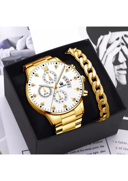 Beyaz 2 Adet Set No Box 6217 Hazır Stok Elmas Kakma Kuvars Izle Erkekler Için Tarih Altın 2 Adet Paslanmaz Çelik Lüks Erkek Iş Saatleri ve Bilezik (Yurt Dışından)