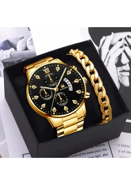Beyaz 2 Adet Set No Box 6217 Hazır Stok Elmas Kakma Kuvars Izle Erkekler Için Tarih Altın 2 Adet Paslanmaz Çelik Lüks Erkek Iş Saatleri ve Bilezik (Yurt Dışından)