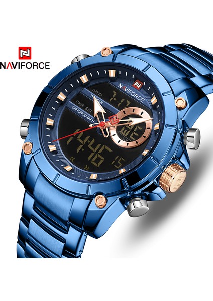 LXA6801 Naviforce NF9163 Lüks Büyük Altın Izle Erkekler Charm Paslanmaz Çelik Saat Sapanlar Erkekler Için Çift Ekran Kuvars Dijital Saatler (Yurt Dışından)