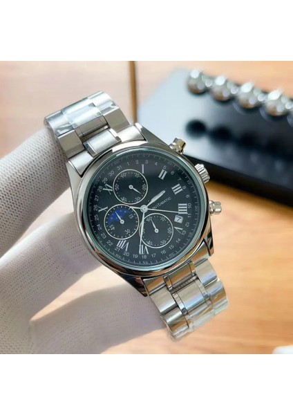 02 Yuvarlak Tam Otomatik Mekanik Altı Iğne Zamanlama Yüksek Kaliteli Paslanmaz Çelik Kayış Erkek Basit Moda Mekanik Saat (Yurt Dışından)