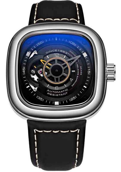 Beyaz Kasa + Siyah Kadran + Kahverengi Kayış Moda Zaman Jetonu Erkek Lüks Mekanik Otomatik Saat Işık Charm Deri Kayış Kare Kadran Işaretçisi Ekranı Su Geçirmez 3 Bar (Yurt Dışından)