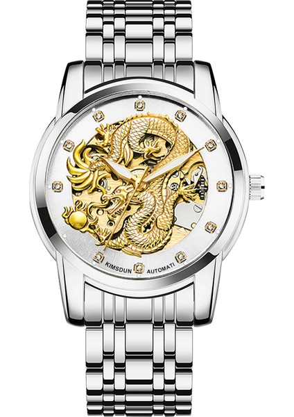 Stil 8 Kimsdun 1977A Lüks Çin Erkekler Mekanik Saat Şık Paslanmaz Çelik Bant Ejderha Analog Ekran Karakter Gündelik Saat (Yurt Dışından)