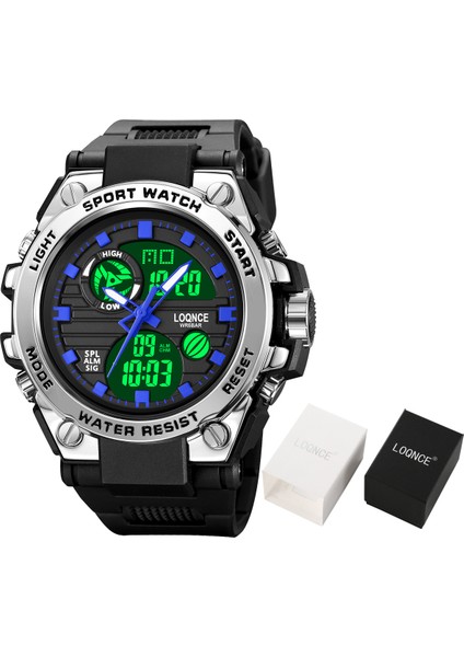 Siyah Gümüş Spor Loqnce Erkekler Dijital Saat S-Stil Spor Saatler Çift Ekran Su Geçirmez Elektronik Kol Saati Relogio Masculino Kutusu ile (Yurt Dışından)